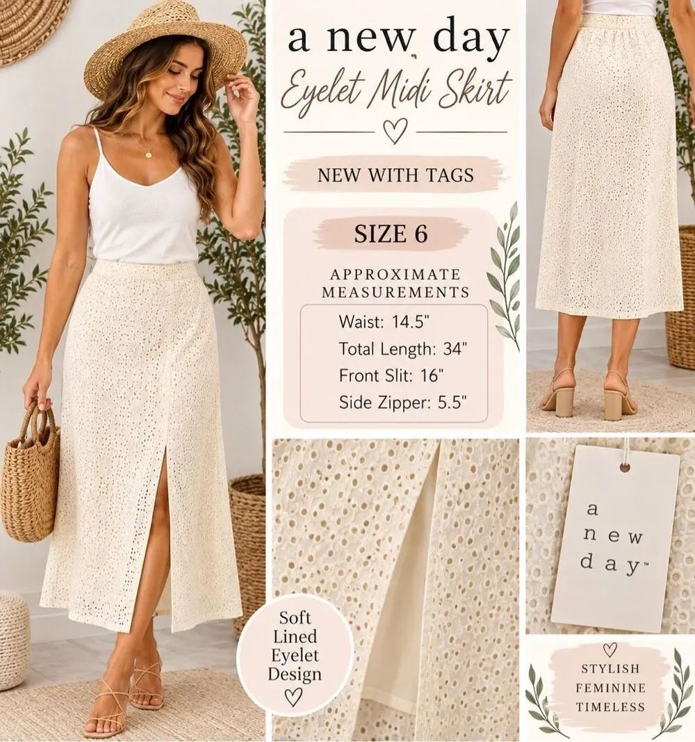 A New Day Eyelet Midi Skirt NWT Women’s Size 6 Ivory/Cream Midi Skirt